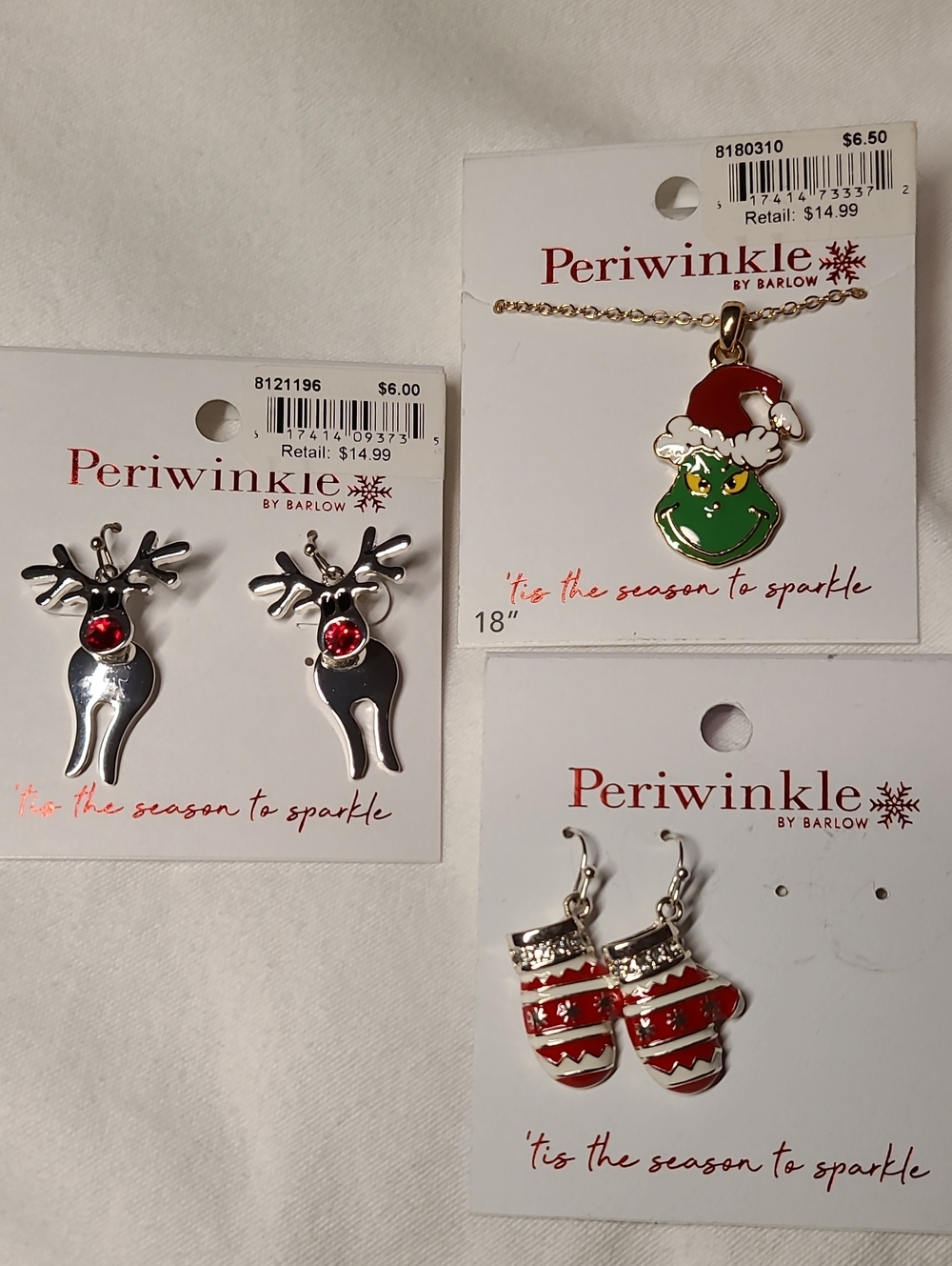 Holiday Jewelery Grinch Necklace Rudolf Deer Mitton Earrings Red Gold Silver